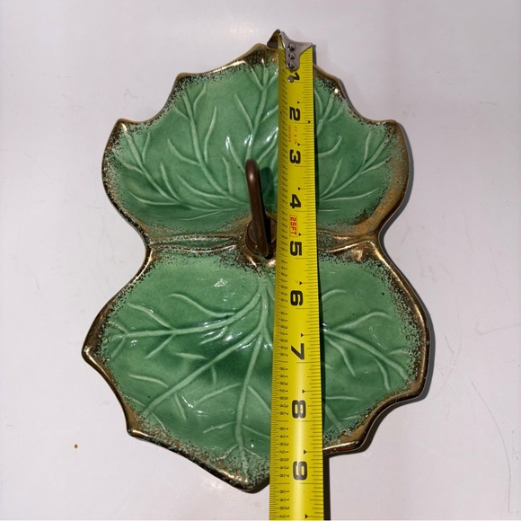Vintage California Pottery Green Leaf Double Sided Serving Bowl MCM Handle Gold - Picture 8 of 10